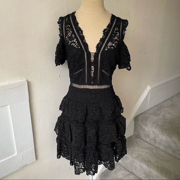 REBECCA TAYLOR Black Eliza Cold-Shoulder Silk Cotton Lace Crochet Dress NWT Sz 0 - Picture 2 of 7
